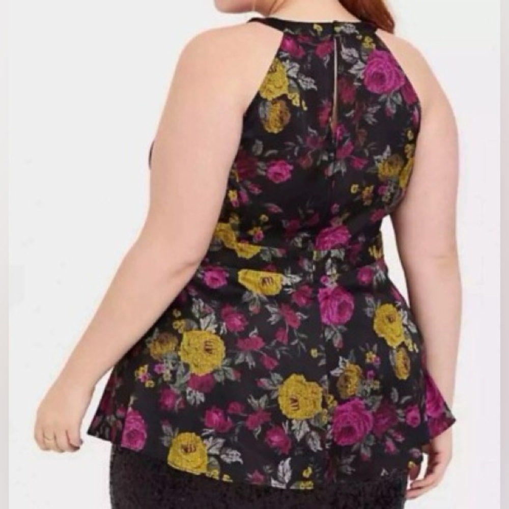 Torrid 1X Floral Peplum Halter Blouse Black Pink Sleeveless Top